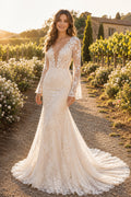 Ivory Long Sleeve V-Neck Lace Mermaid Wedding Dress Chapel Train for Wedding Ceremony and Reception front view