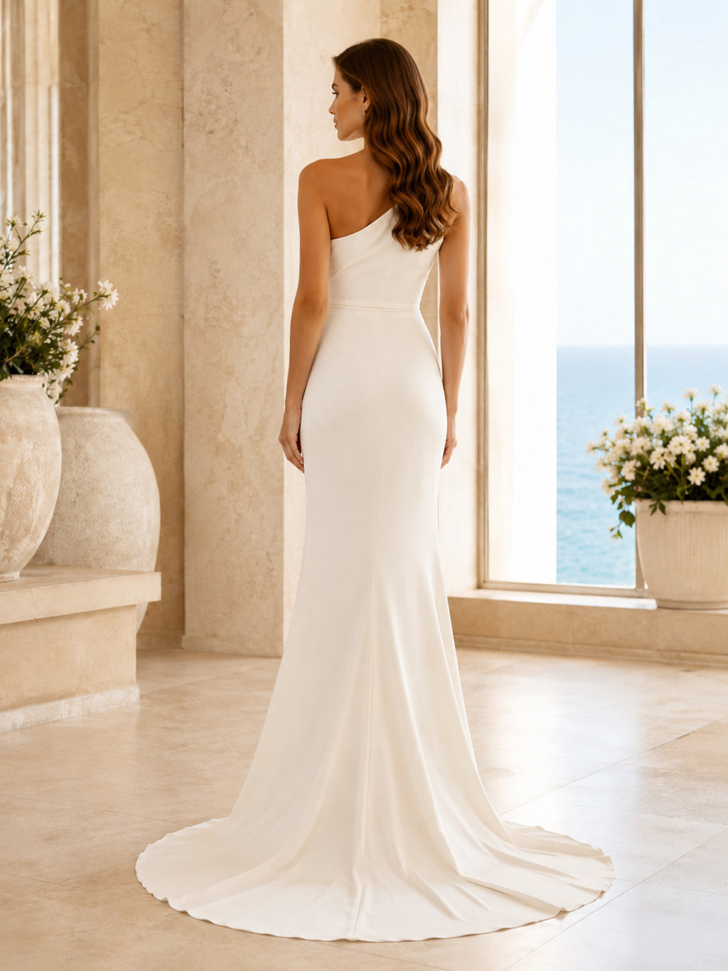 Minimalist Satin Wedding Dress Sheath One Shoulder Sleeveless Sweep Train with Slit Bridal Gown Style 722029 back view