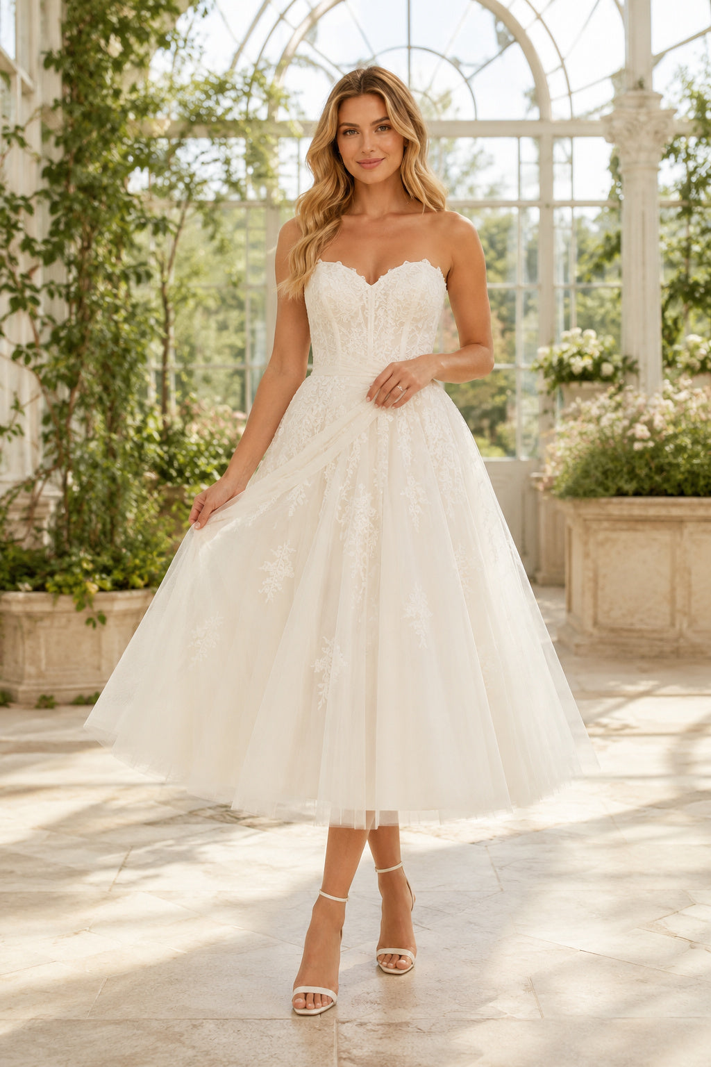 Ivory Strapless Sweetheart Tulle Tea Length Wedding Dress for Wedding Reception and Party Style MG_701000 front view