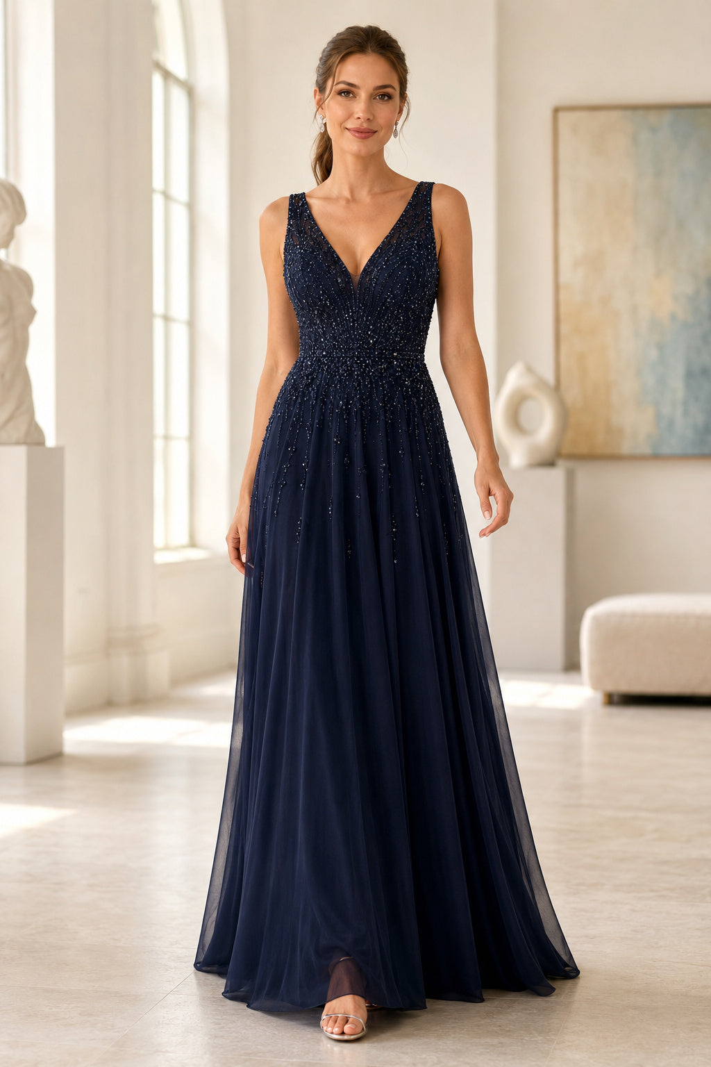 Dark Navy V neck sleeveless chiffon A line gown with pleated bodice and low V back Floor-length A-Line Prom Dress front view