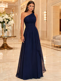 Dark Navy One Shoulder Chiffon A Line Gown front view