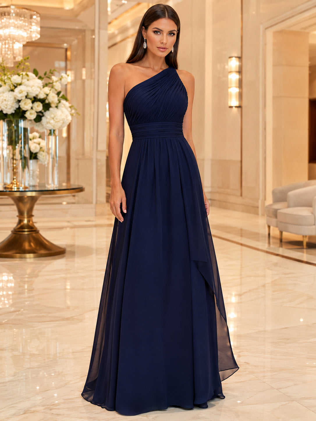 Dark Navy One Shoulder Chiffon A Line Gown front view