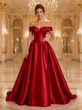 Red Off Shoulder Draped Satin Ball Gown Cathedral Train Opera Evening Dress front view