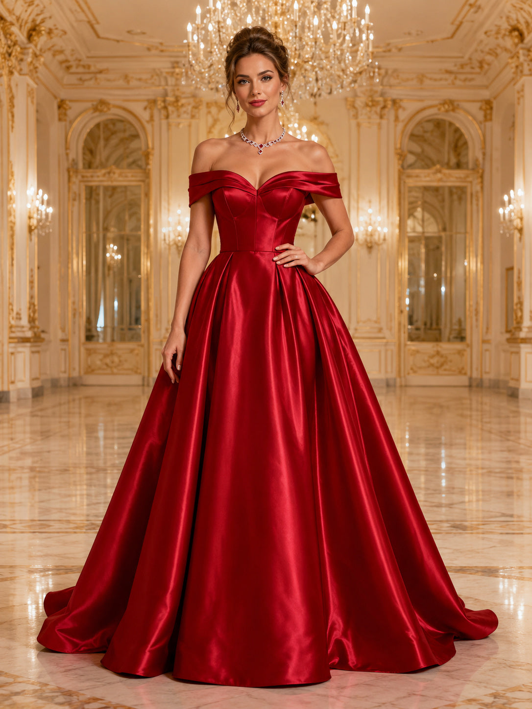 Red Off Shoulder Draped Satin Ball Gown Cathedral Train Opera Evening Dress front view