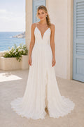 White Halter A-Line Chiffon Floor-length Wedding Dress With Front Slit and Pleats and Lace-up Back