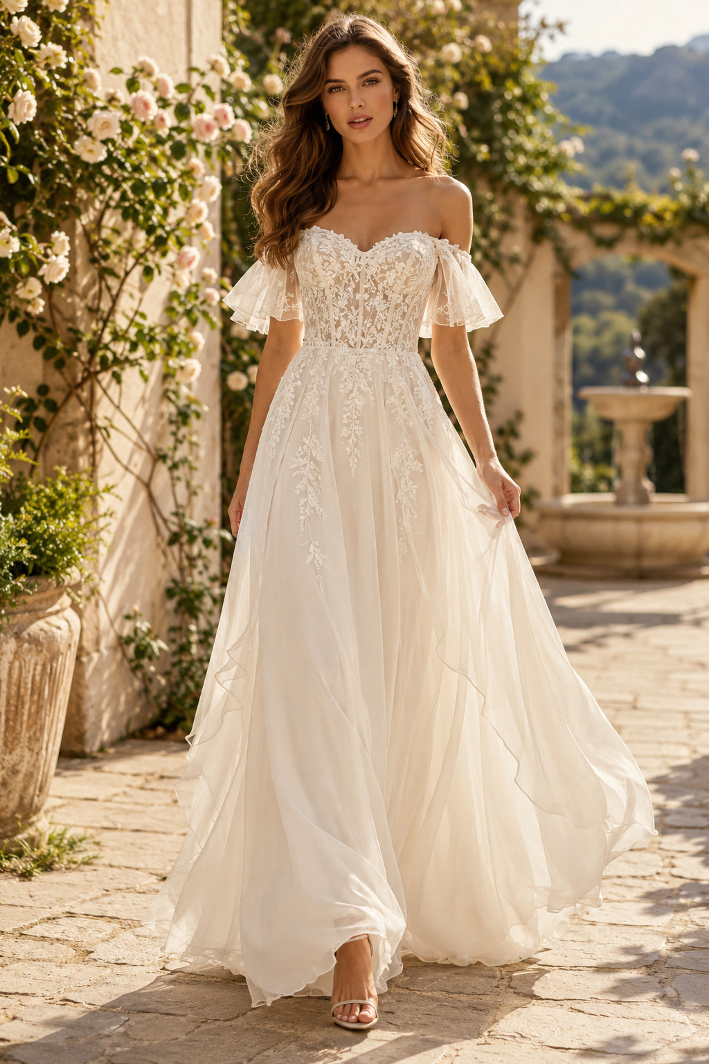 Ivory Off-the-Shoulder Ruffle Sleeve A-Line Wedding Dress with Lace Bodice front view