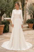 Ivory Simple Bateau Neck Sheath Chiffon Lace Wedding Dress with Long Bell Sleeves and Court Train front view