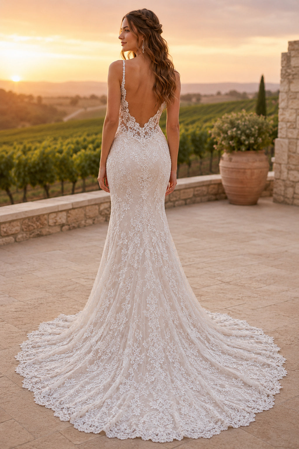 Champagne Sexy Spaghetti Neck Mermaid Champagne Lace Wedding Dress with Spaghetti Straps and Chapel Train Style MG_701383 bac
