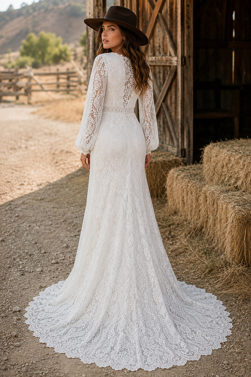 Long Sleeve V-Neck Mermaid Wedding Dress with Lace Overlay and Chapel Style Train back view