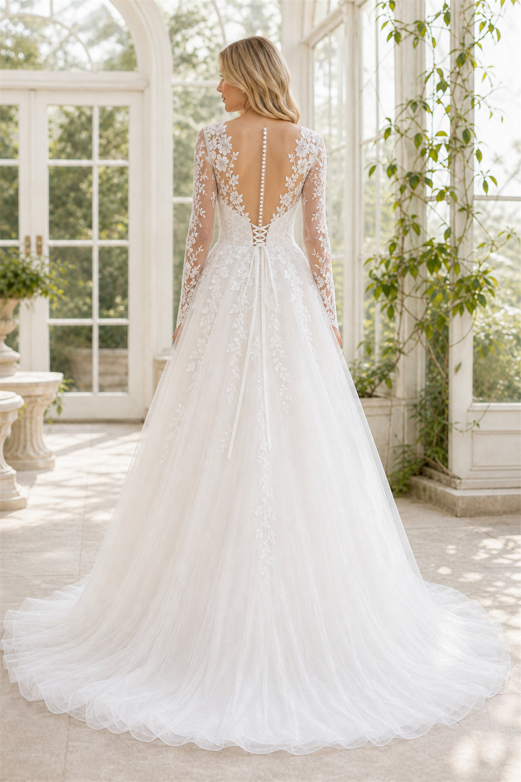 White Illusion Mermaid Crepe, Lace Floor-length Wedding Dress With Lace and Floral Appliques