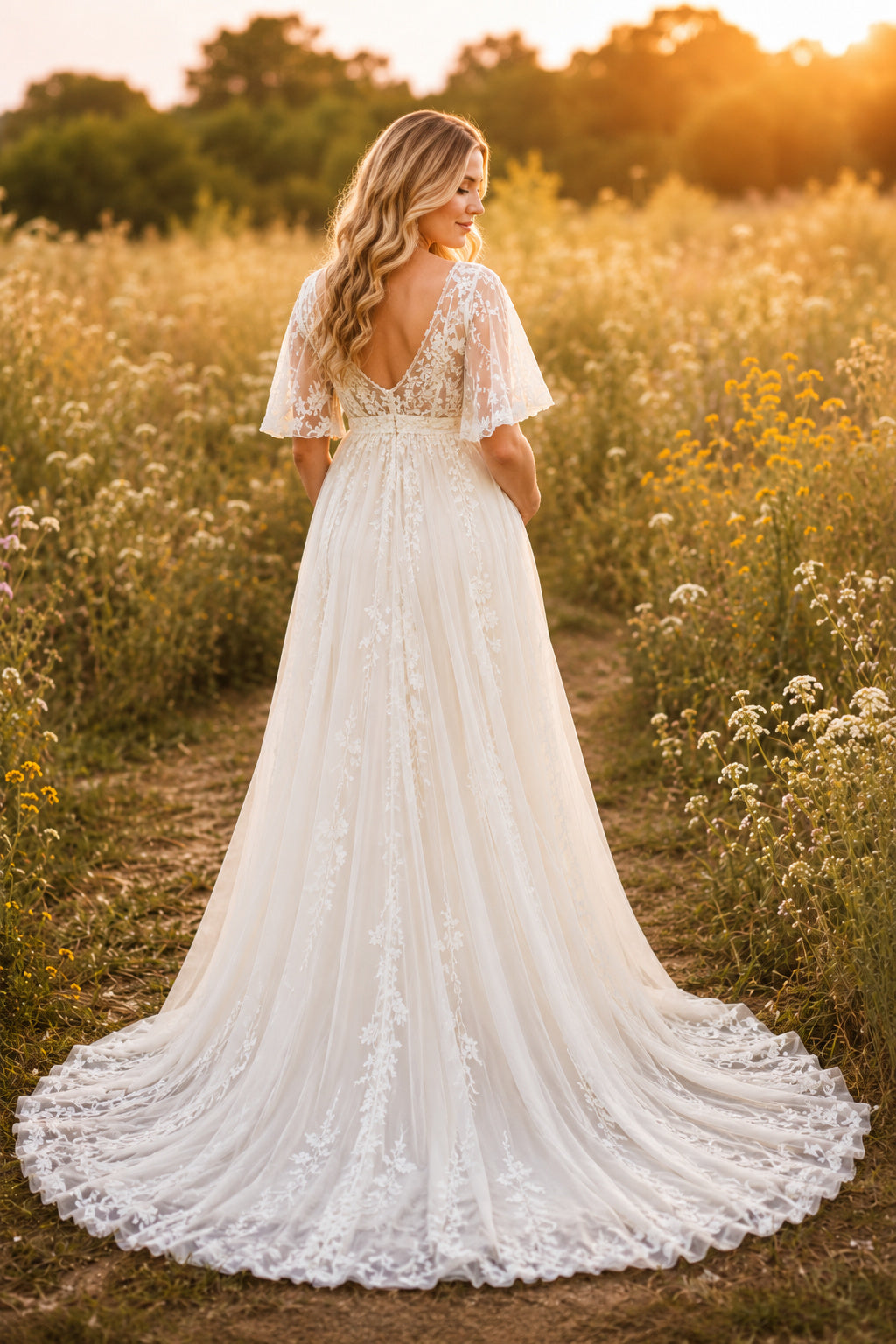 Ivory Maternity V-Neck Flutter Sleeve Lace A-Line Wedding Dress with Soft Tulle Train back view