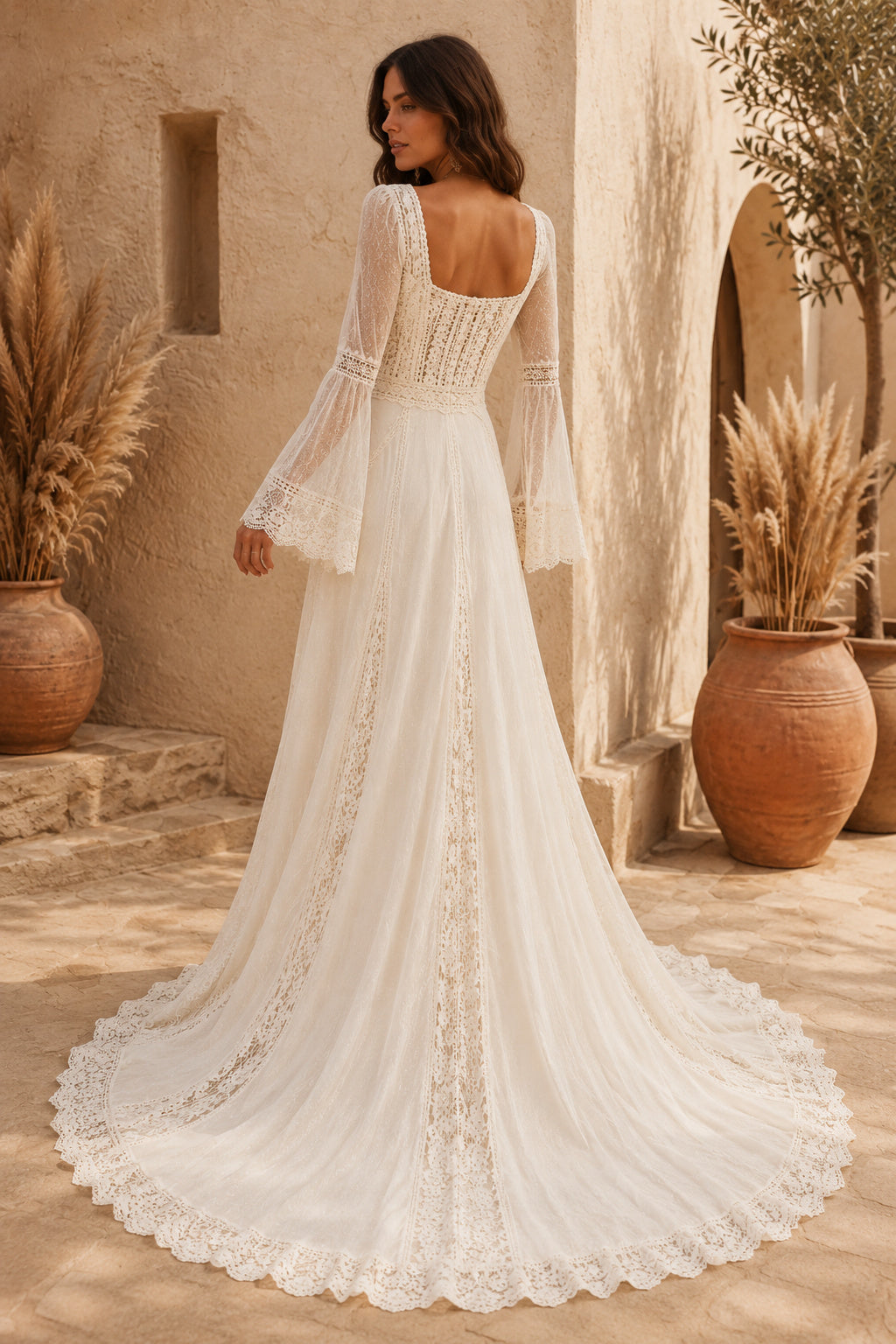 Ivory Square Neck Long Sleeve Chiffon Lace A-Line Wedding Dress for Wedding Ceremony and Reception back view