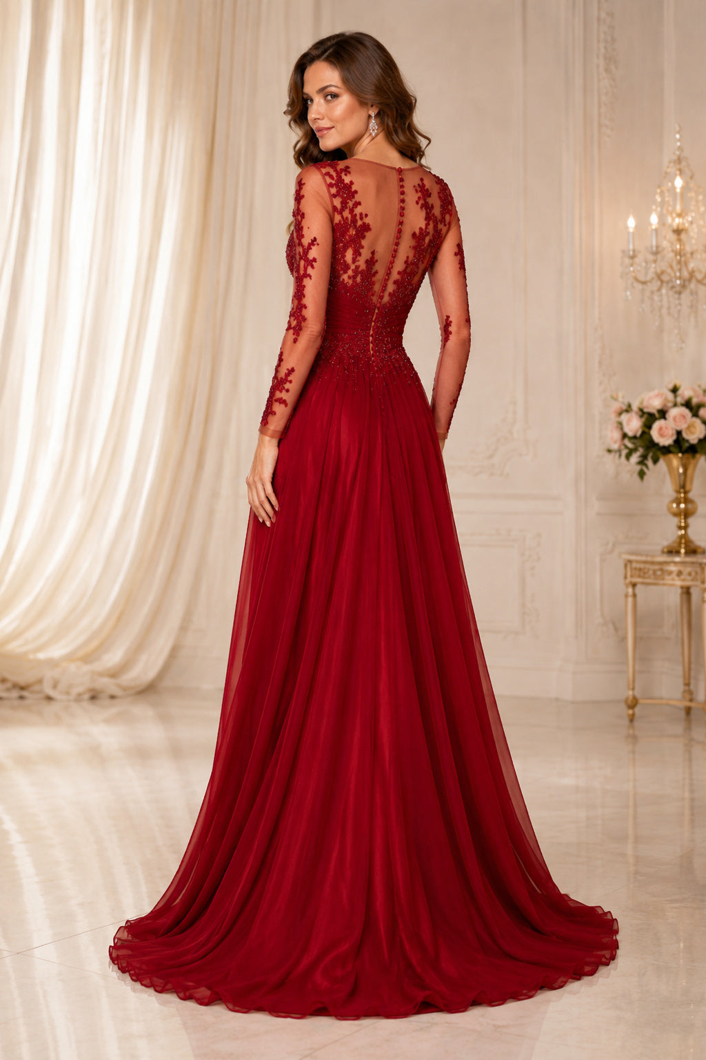 Red Red Long Sleeve Lace A Line Gown with Chiffon Skirt and Train Floor Length And Sweep/Brush Train A Line Formal Dress back