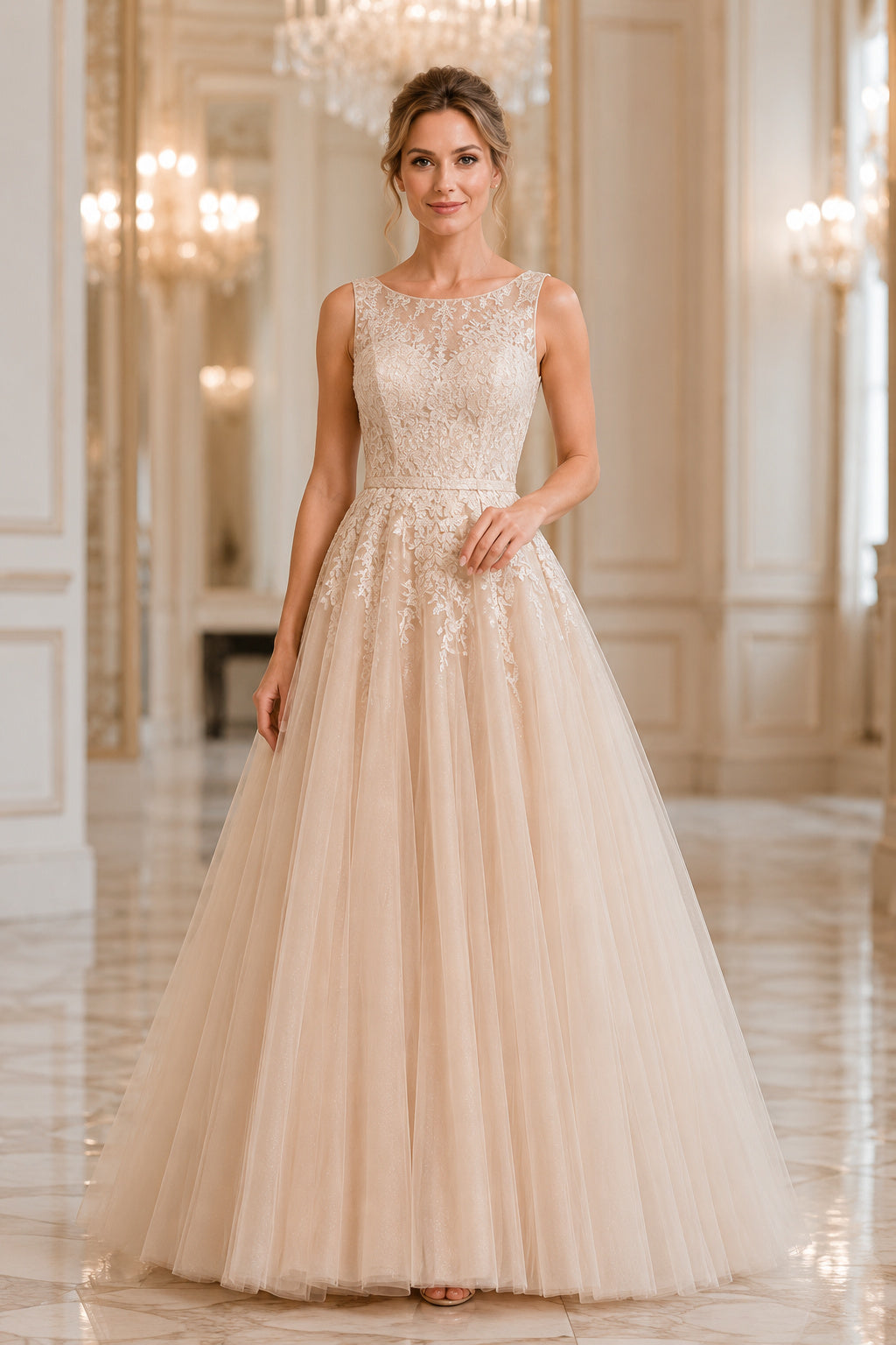 Champagne Illusion Lace Bodice with Full Tulle Skirt Floor Length A-Line Wedding Dress front view