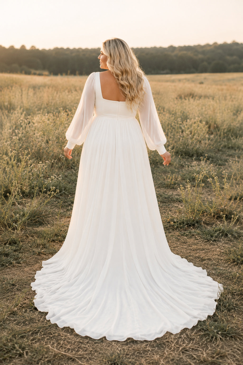 White Plus Size Square Neck Chiffon A-Line Wedding Dress with Long Bishop Sleeves and Train back view