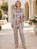Taupe Luxury Ankle-Length Straight-Leg Mother of the Bride Satin Pantsuit with Embellished Long Blazer and Cowl-Neck Shell fr