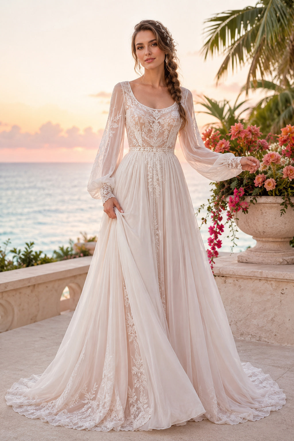 Blushing Pink Long Sleeve V-Neck Lace Tulle A-Line Wedding Dress for Bridal Ceremony and Reception front view