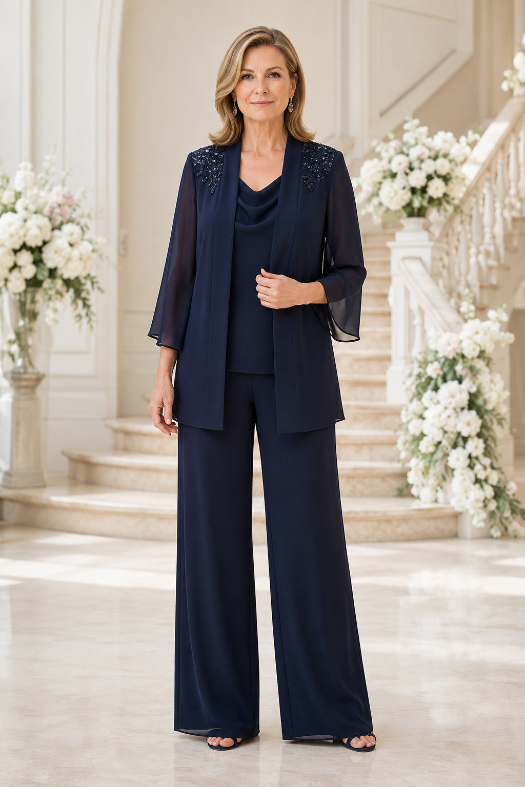 Dark Navy Three Piece Mother Jumpsuit with Sheer Jacket and Wide Leg Pants for Formal Reception front view