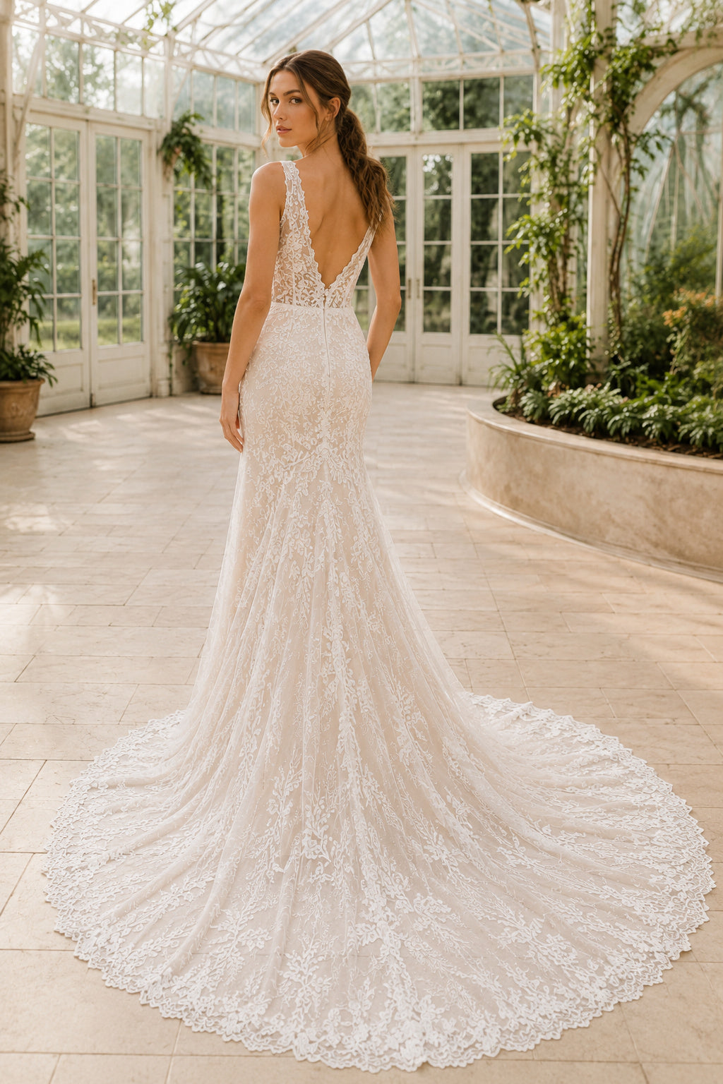 Ivory Plunging V-Neck Mermaid Lace Wedding Dress with Spaghetti Straps and Train back view