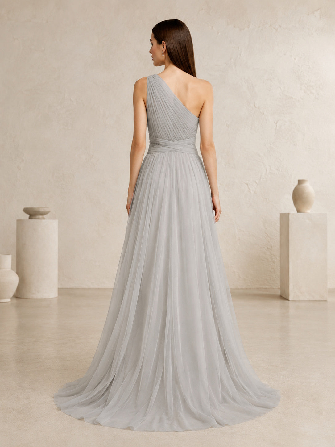 Modern Silver Gray One-Shoulder Draped Tulle Sheath Wedding Gown back view