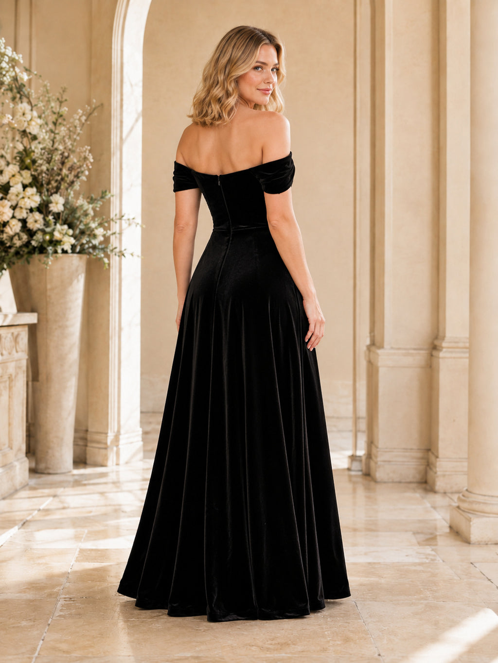 Black Velvet Off Shoulder A Line Prom Gown With Full Skirt back view