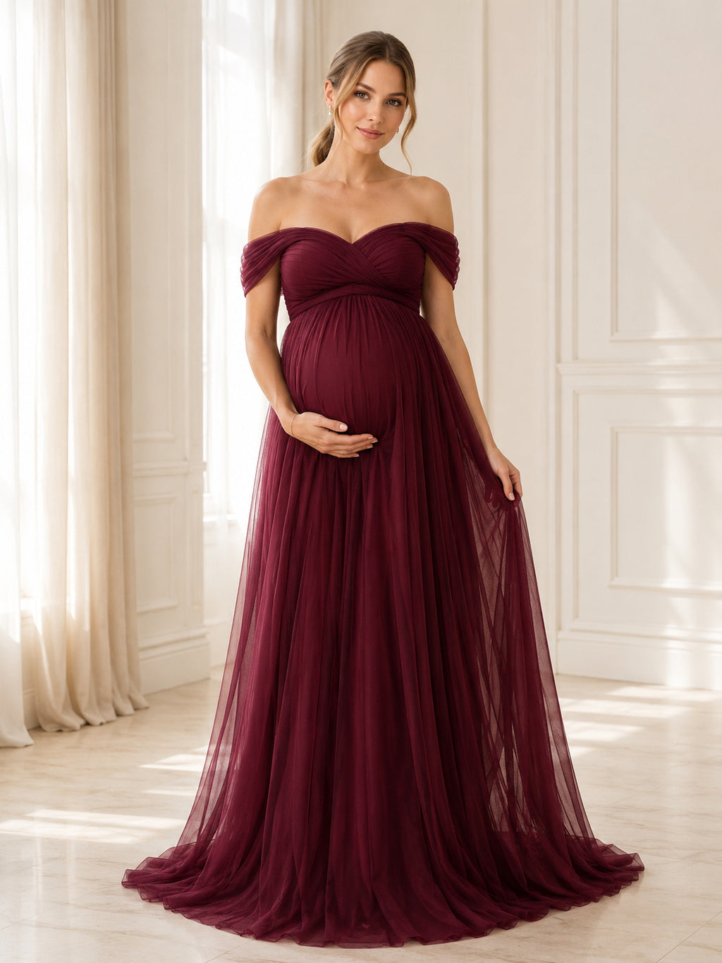 Burgundy Maternity Off-Shoulder Empire Tulle A-Line Sweep Train Evening Dress front view