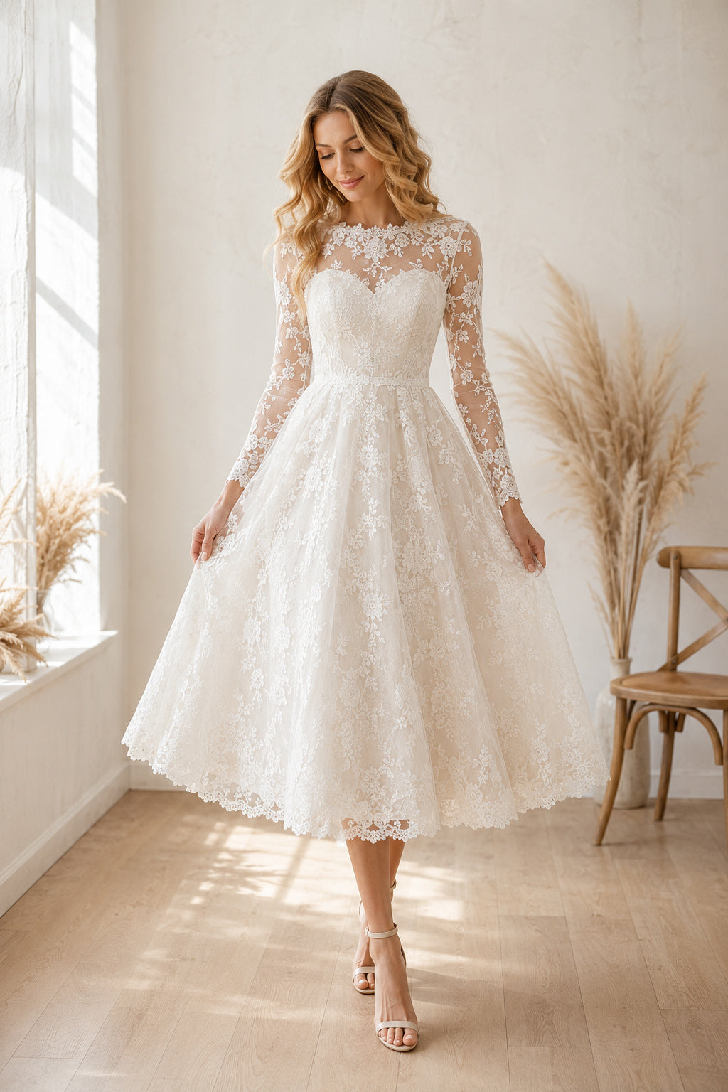Modest Long Sleeve Lace Tea-Length Wedding Dress with Illusion Neck front view