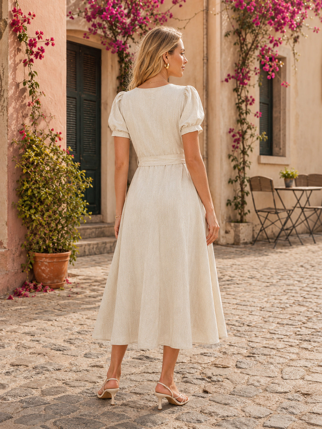 Cream short sleeve V-neck wrap linen vacation midi dress back view
