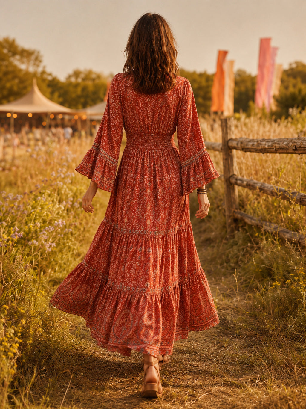 Rust floral V-neck bell sleeve boho festival maxi dress back view