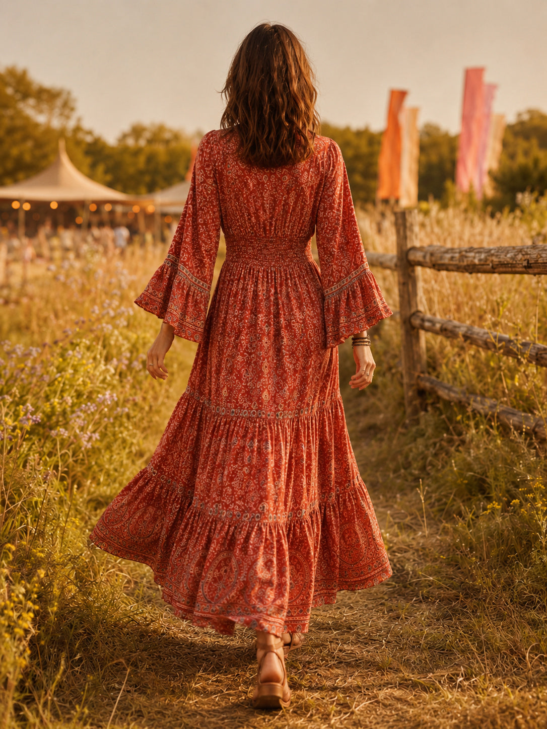 Rust floral V-neck bell sleeve boho festival maxi dress back view