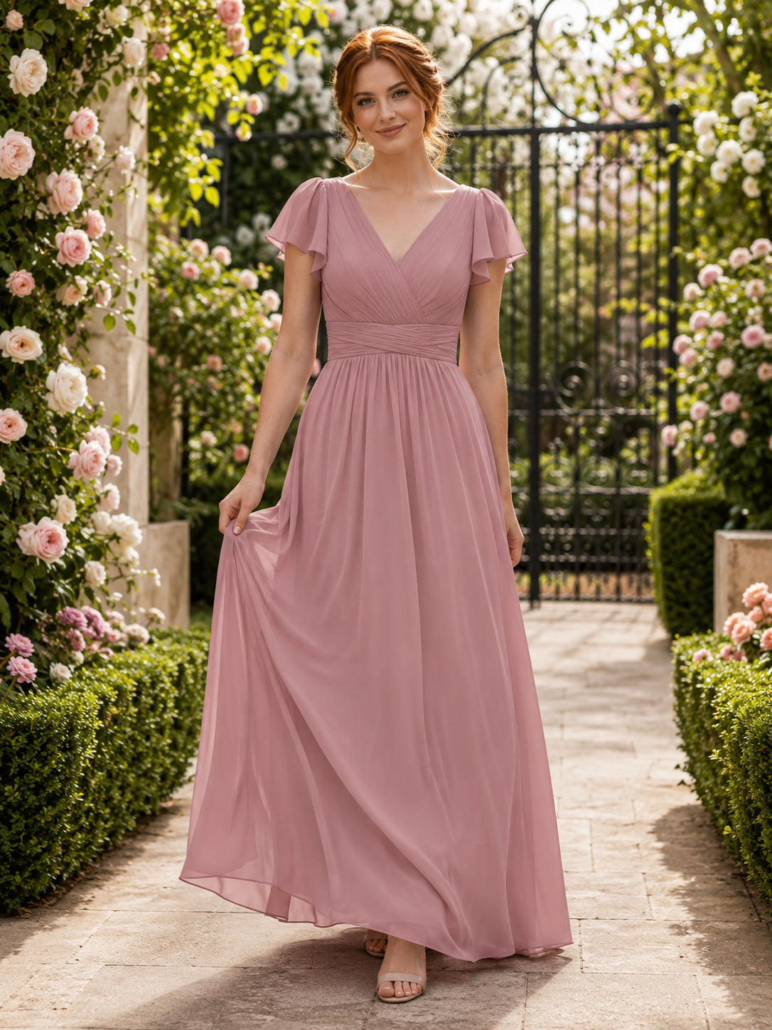 Dusty Rose Botanical Garden A-Line Chiffon Bridesmaid Dress with V-Neck Flutter Sleeve Bodice, Pleated Floor-Length Skirt and