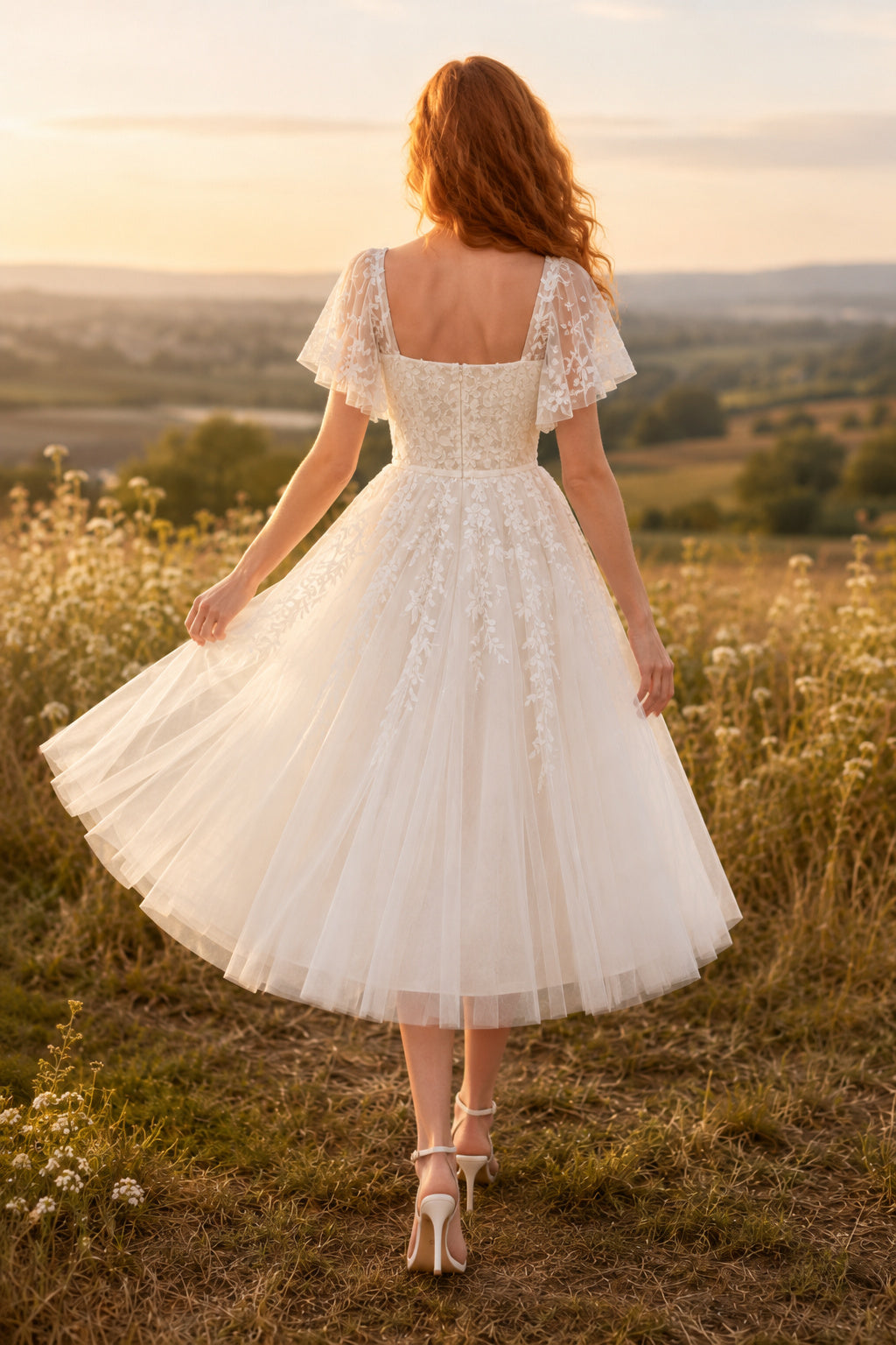 Ivory Square Neck Cap Sleeve Tulle Tea Length Wedding Dress for Wedding Reception and Party back view