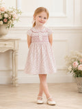 Pink Printed Cotton A-Line Flower Girl Dress with Short Sleeves and Knee-Length Skirt front view
