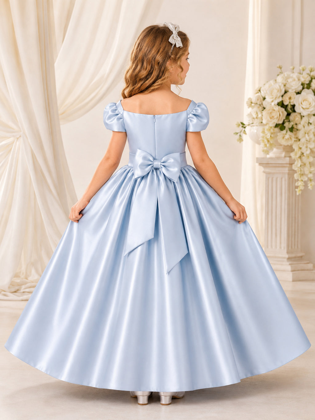 Flower Girl Dress Steel Blue Satin A-Line Short Sleeve Off the shoulder Square Floor length Bow Detail back view