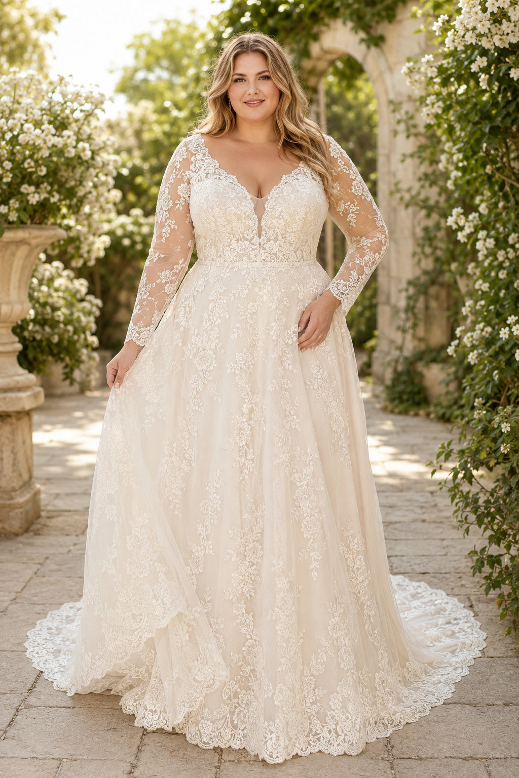 Plus Size Ivory V-Neck Long Illusion Sleeve Lace Tulle A-Line Wedding Dress with Long Illusion Sleeves and Lace Chapel Train