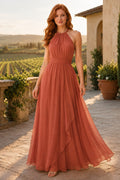 Orange Halter Chiffon A-Line Bridesmaid Dress with Front Ruffle and Pleated Skirt front view
