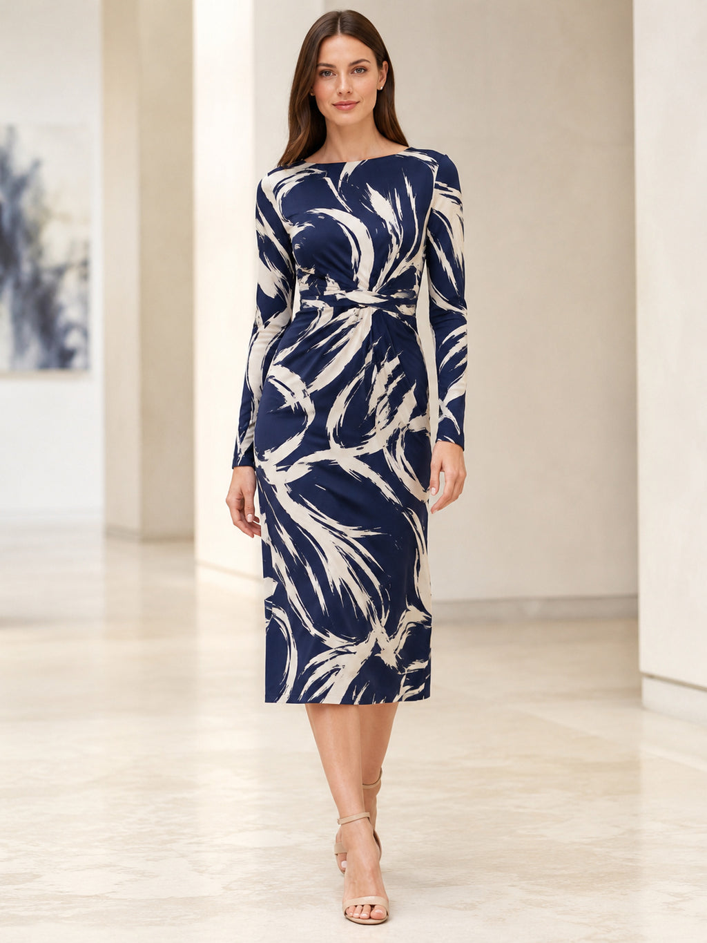 Navy abstract long sleeve bateau tea length sheath cocktail dress front view
