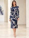 Navy abstract long sleeve bateau tea length sheath cocktail dress front view