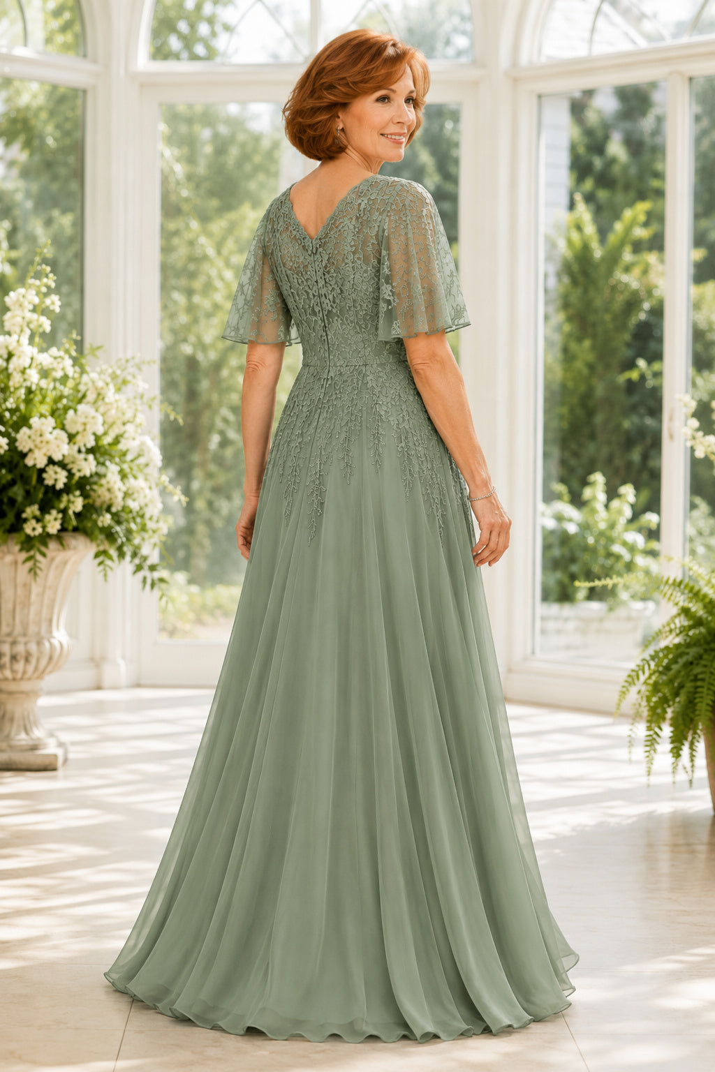 Sage V-Neck Lace Bodice A-Line Mother Dress with Flutter Sleeves back view