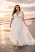 Plus Size Ivory V-Neck Short Sleeve Lace A-Line Wedding Dress with Split front view
