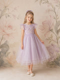 Lavender Tulle A-Line Flower Girl Dress with Sleeveless, Jewel Neck, Tea-Length Skirt, Bow Detail Style 403615 front view