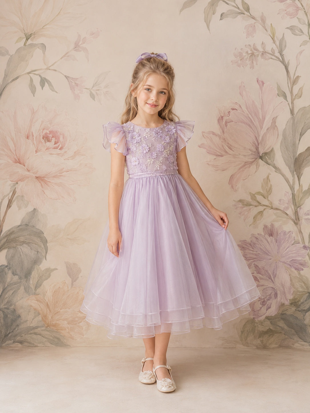 Lavender Tulle A-Line Flower Girl Dress with Sleeveless, Jewel Neck, Tea-Length Skirt, Bow Detail Style 403615 front view