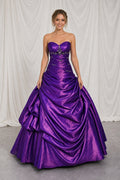 Purple Strapless Sweetheart Ball Gown Satin Floor-Length Dress With Pick-Up Skirt