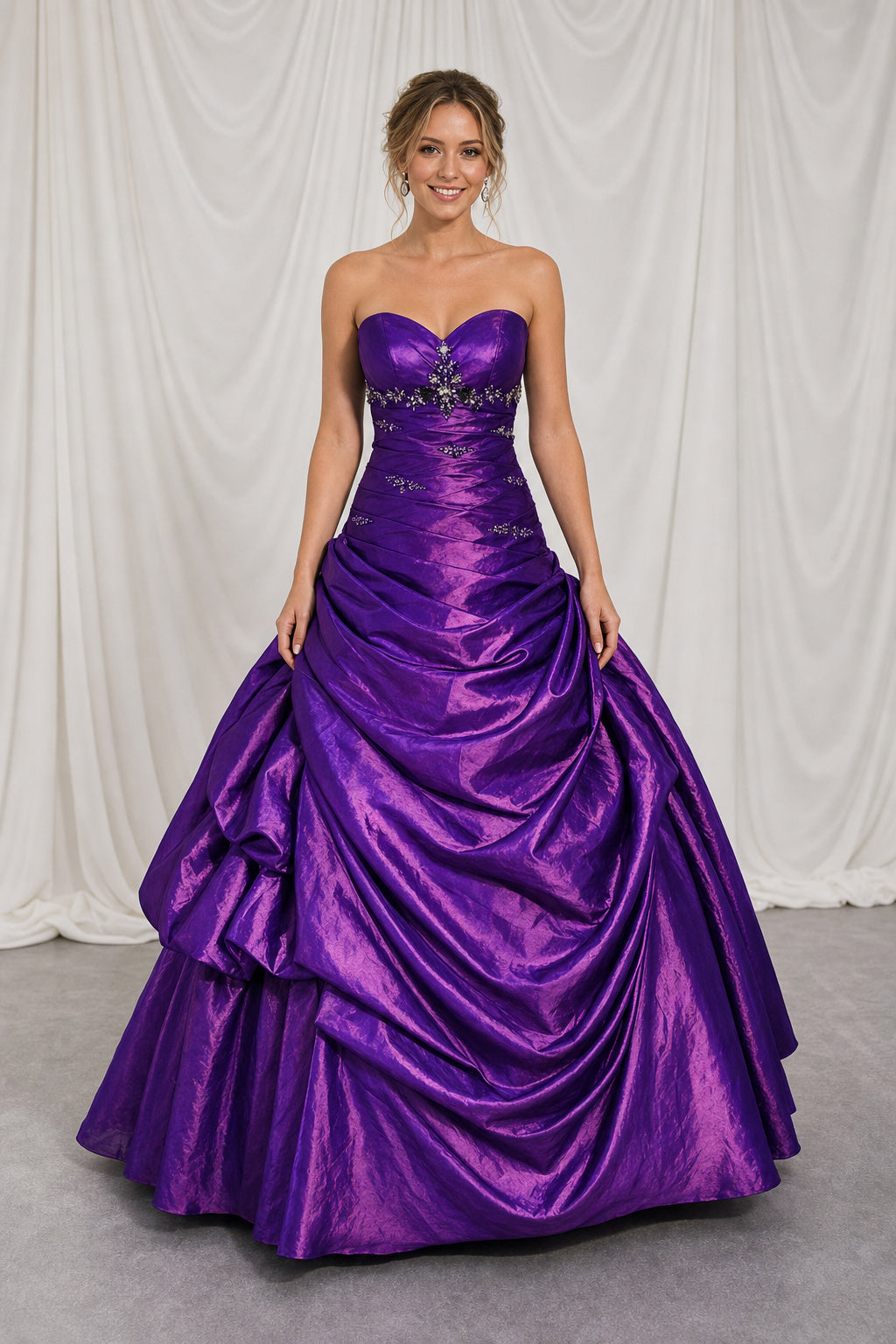 Purple Strapless Sweetheart Ball Gown Satin Floor-Length Dress With Pick-Up Skirt