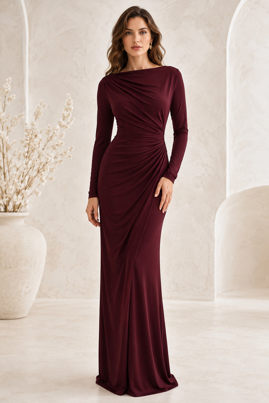 Evening Gown Burgundy Jersey Sheath Bateau Neck Long Sleeve Ruched Floor Length front view