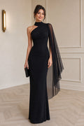 Black High Neck Floor-Length Sheath Dress with Sheer Cape
