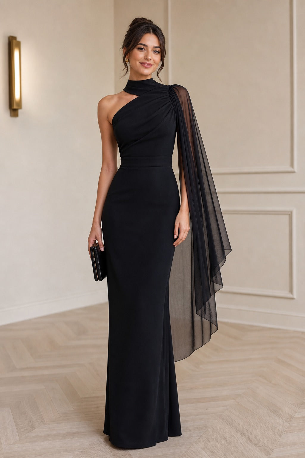 Black High Neck Floor-Length Sheath Dress with Sheer Cape