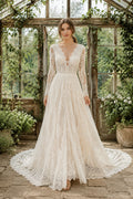 Ivory Long Sleeve Lace A-Line Wedding Dress with Deep V-Neck and Chapel Train front view