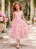Playful Pink Peony Flower Girl Dress with Sleeveless Bodice, Layered Tulle Ruffles, Floral Appliques, and Tea-Length Skirt fr