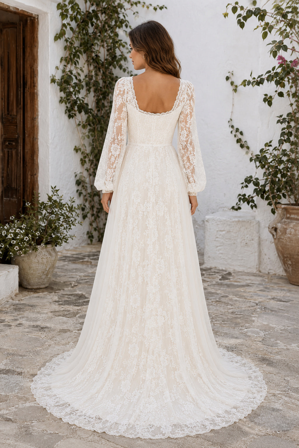 Ivory Square Neck Long Sleeve Lace A-Line Wedding Dress with Full Train back view